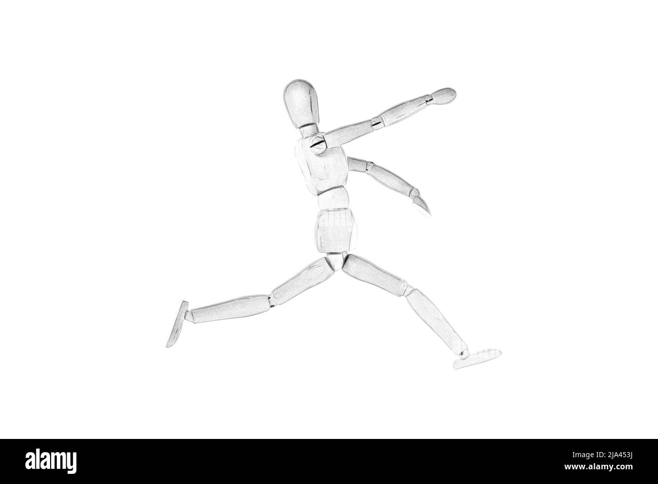 disegno bianco e nero di un burattino di legno su sfondo bianco Foto Stock