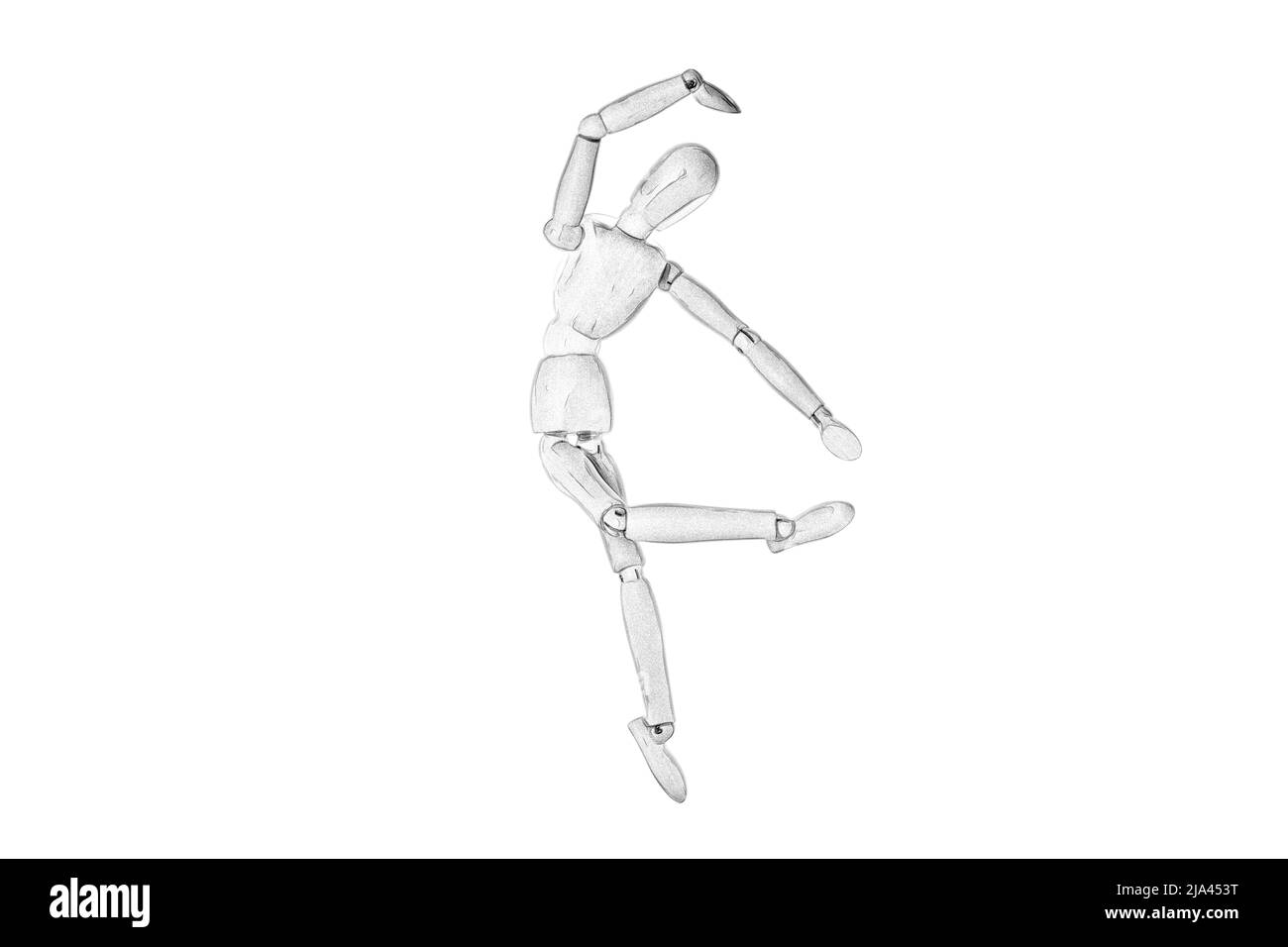 disegno bianco e nero di un burattino di legno su sfondo bianco Foto Stock