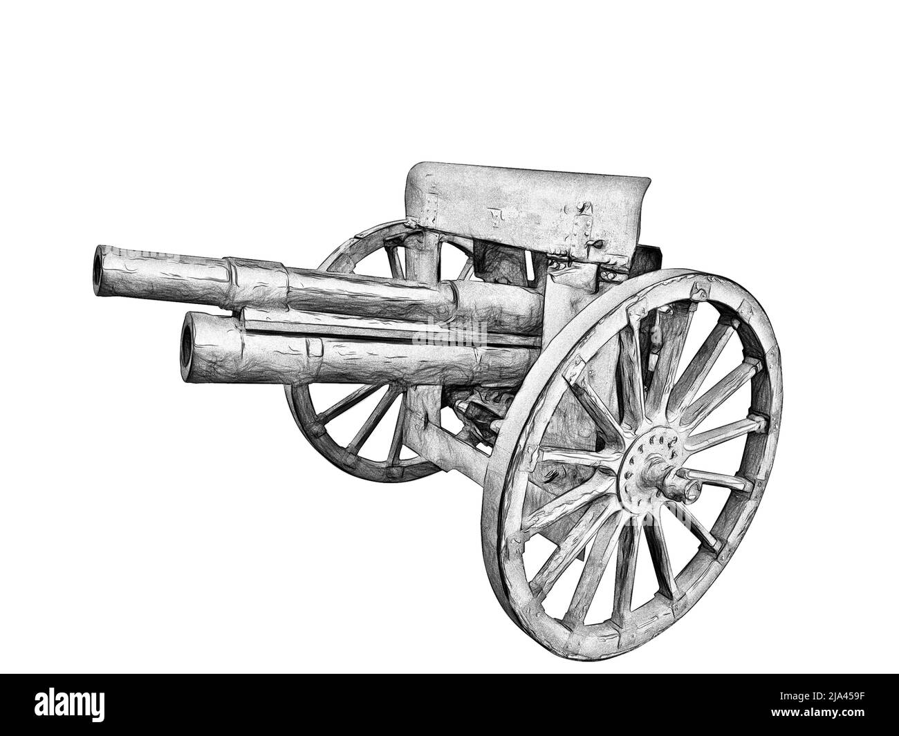disegno bianco e nero di una pistola su ruote su sfondo bianco Foto Stock disegno bianco e nero di una pistola su ruote su sfondo bianco Foto Stock