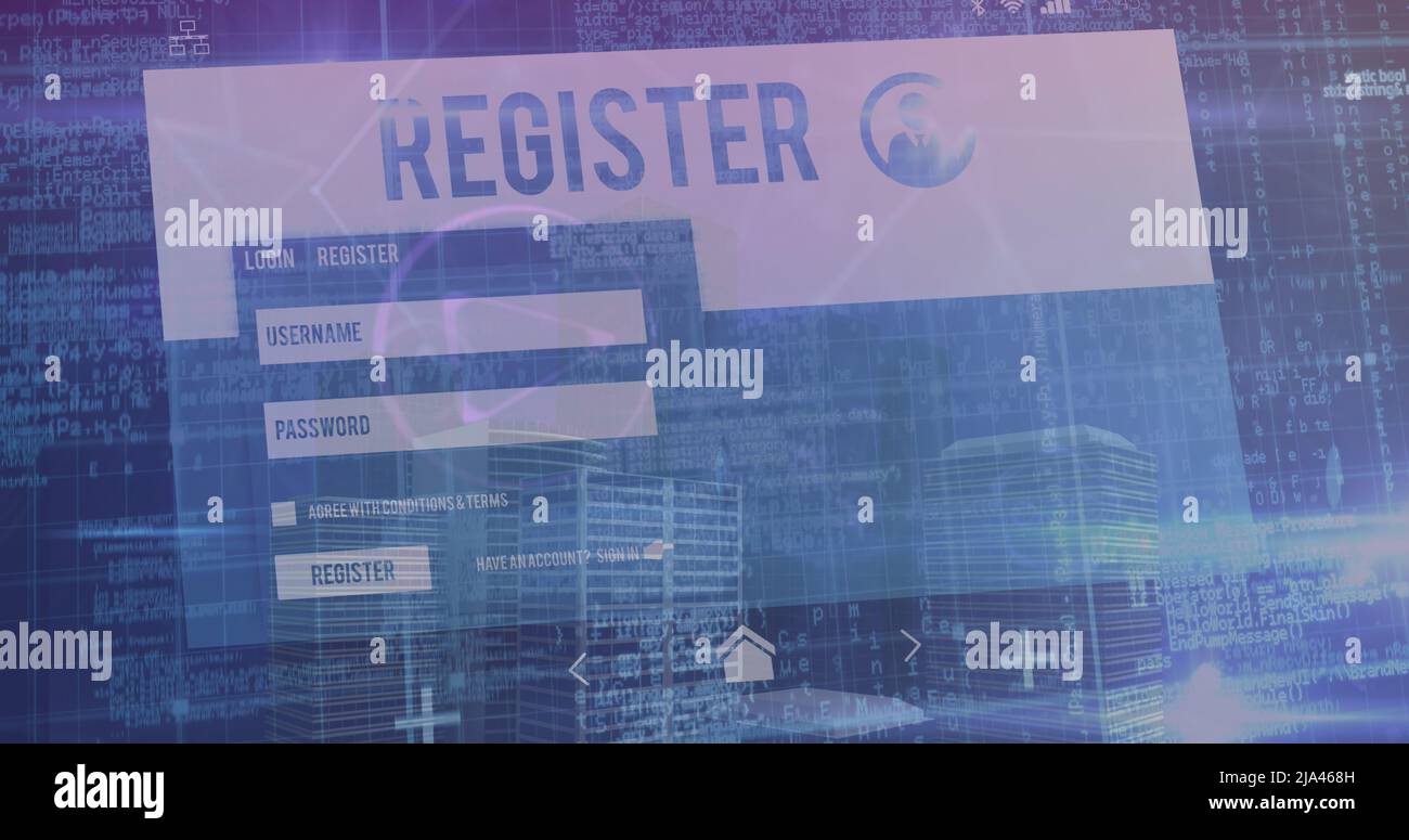 Immagine di scheda di registro, icone ed elaborazione dati su paesaggio urbano Foto Stock