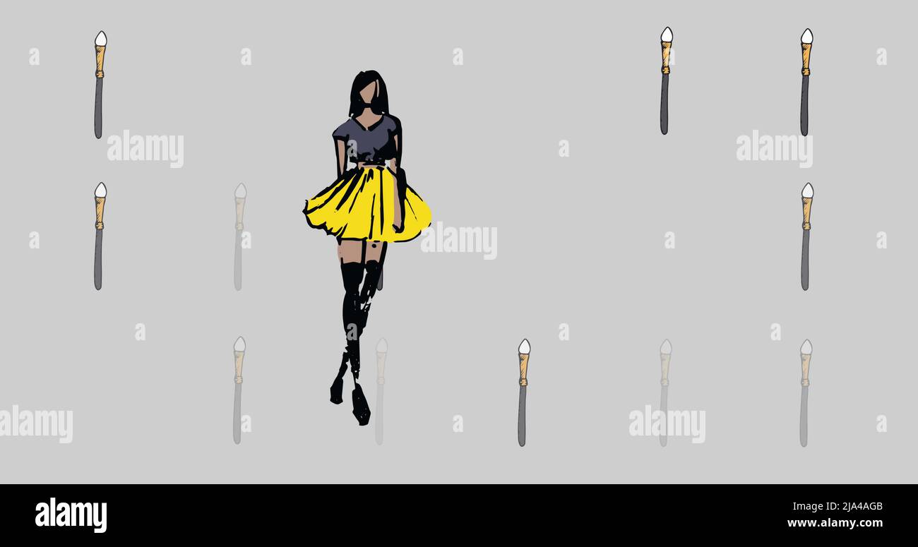 Immagine dei pennelli di trucco sul modello femmina su sfondo grigio Foto Stock