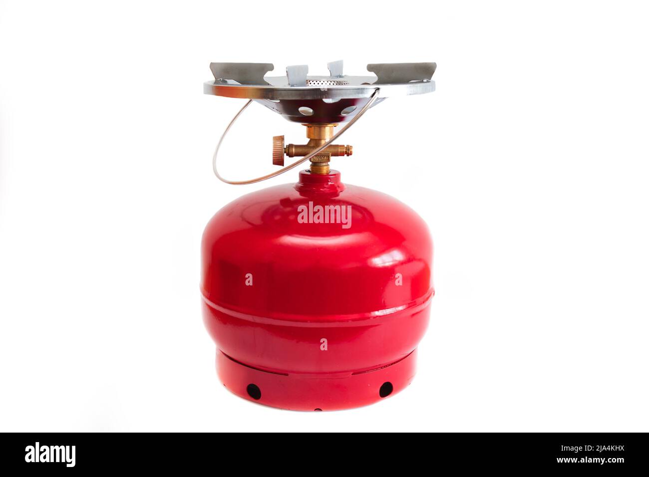 Palloncino gas propano, serbatoio. Bombola di gas metallico con gas compresso liquefatto ad alta pressione. Serbatoio del gas portatile con fornello per campeggio. Foto Stock