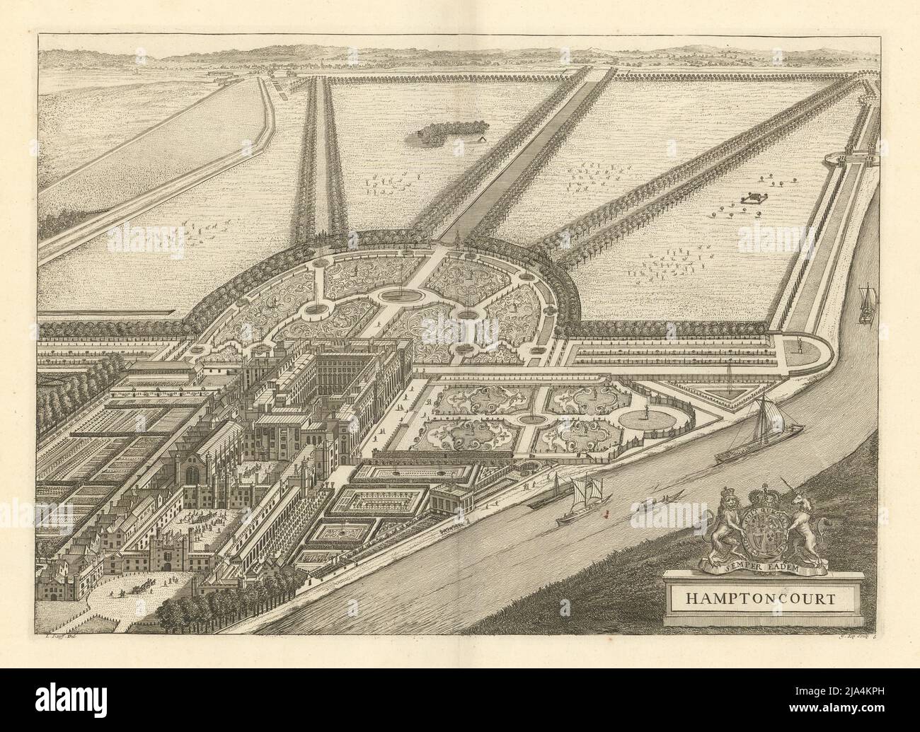 Hampton Court Palace & Home Park by Kip & Knyff. Thames Ditton 1709 vecchia stampa Foto Stock