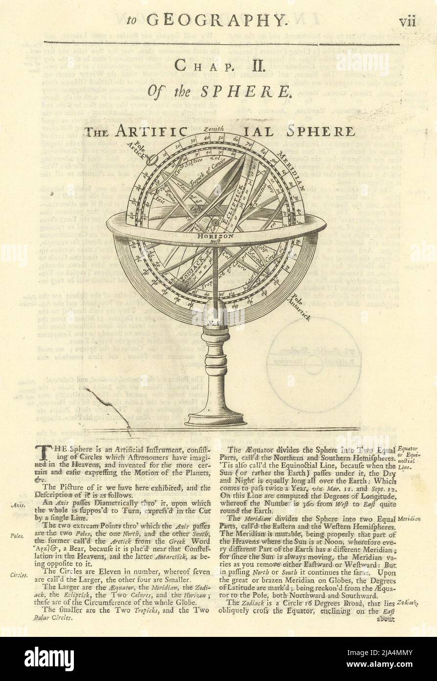 Della sfera - la sfera artifica. Sfera armillare 1709 stampe antiche Foto Stock