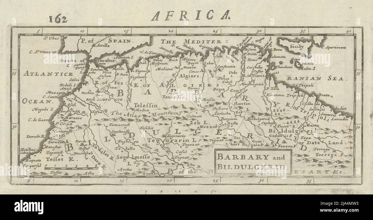 Barbary e Bildulgerid. Nord Africa Maghreb Marocco Algeria. MOLL 1709 vecchia mappa Foto Stock