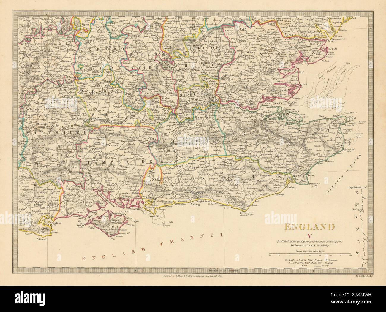 INGHILTERRA SE. Middx Kent Sussex Surrey Hants Berks Essex Herts. Mappa SDUK 1844 Foto Stock