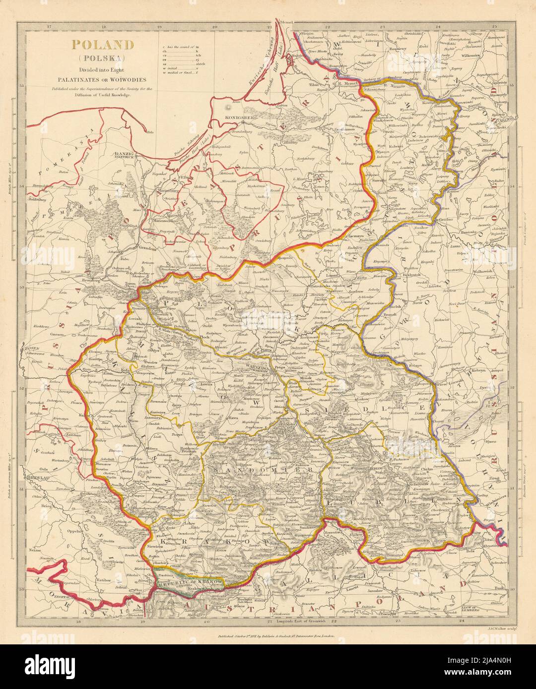 POLAND POLSKA.Palatinates Woiwodies.Mazow Cracovia Plock Kalisz &c.SDUK 1844 map Foto Stock