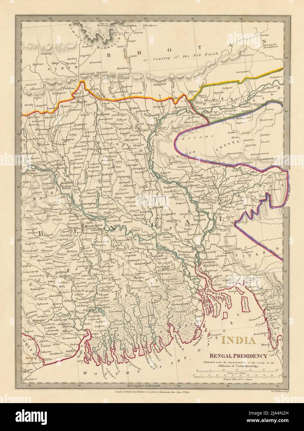 BENGALA BANGLADESH. Chittagong (Chotogram) Sikim Sikkim Bhutan. Mappa SDUK 1844 Foto Stock