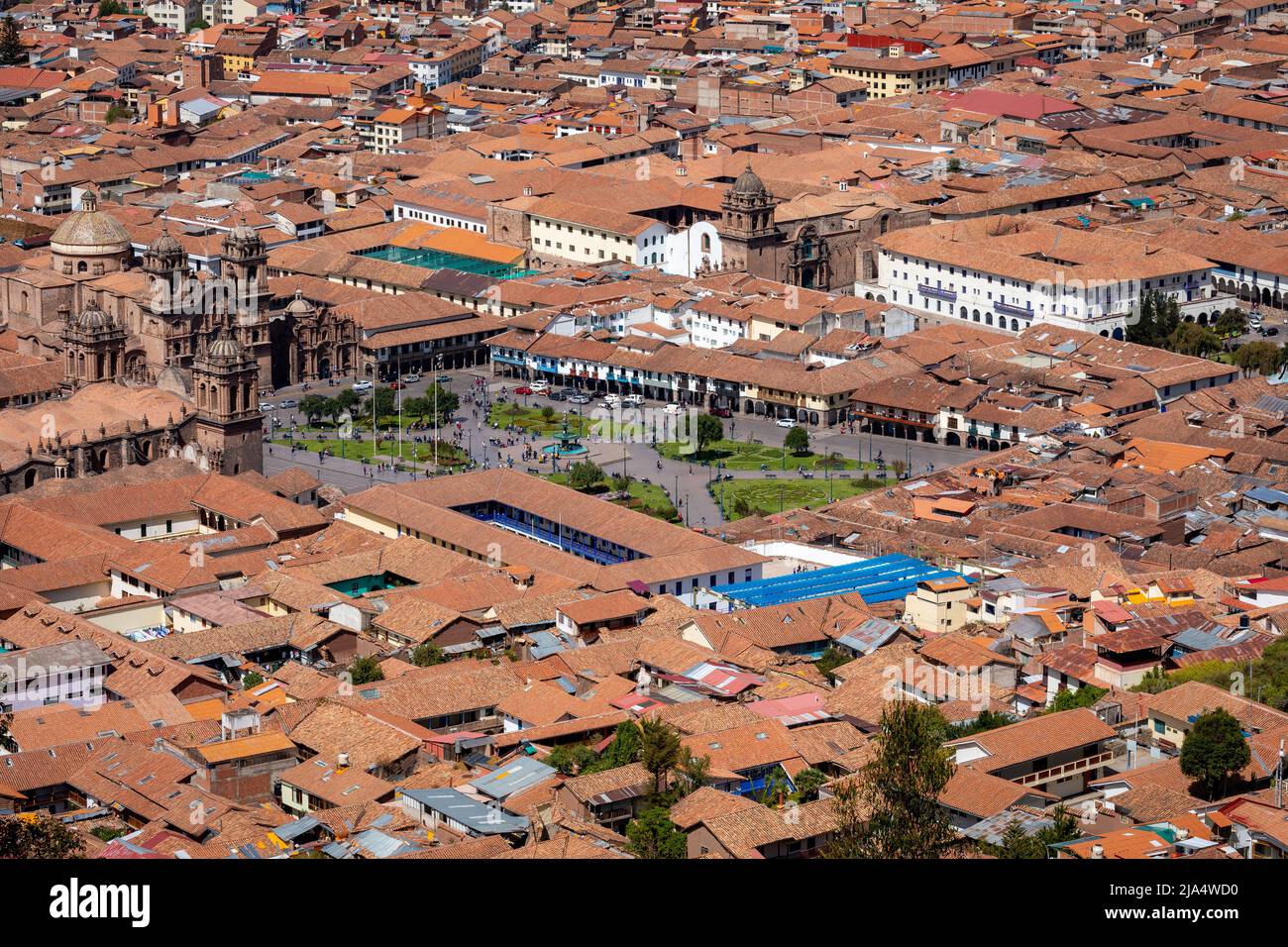 Cusco, Vista del centro della città di Cusco con la Cattedrale, Perù. Sud America. Foto Stock