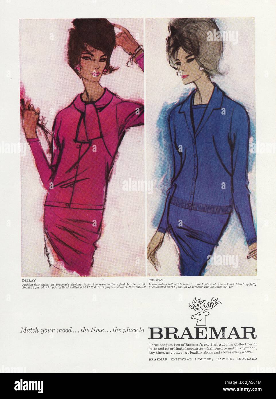 Braemar Knitwear Fashion from Scotland Knits pure New Wool vintage paper advert 1960s 1970s Foto Stock