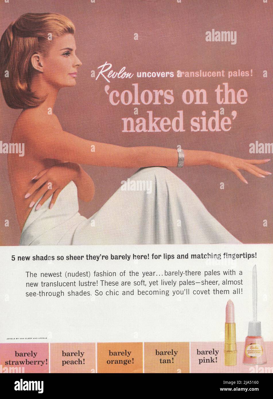 Revlon rossetto e Revlon smalto unghie smalto vintage paper pubblicità pubblicità 1960s 1970s gioielli di Van Cleef e Arpels Foto Stock