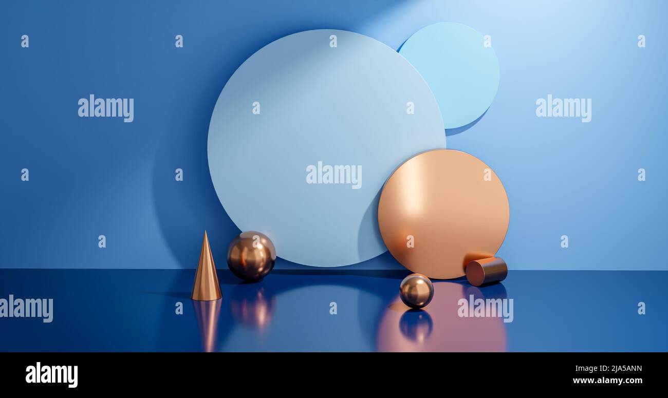 3D studio astratto con podio a piedistallo. Piattaforma geometrica in bronzo e blu pastello con sfondo circolare sovrapposto. Scena minimale moderna per demonst Foto Stock