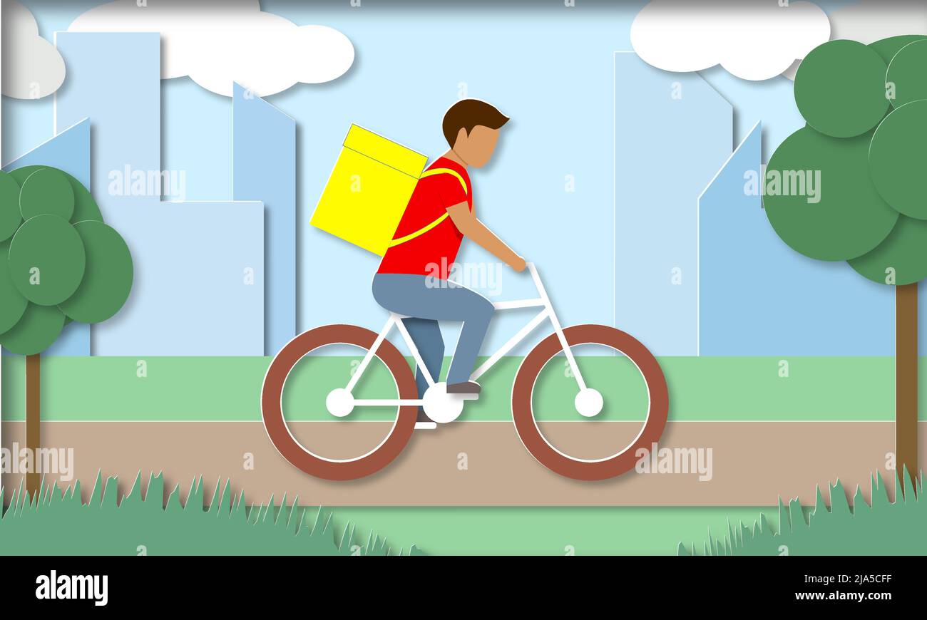 Consegna cibo corriere ordinare la scatola in bicicletta sullo sfondo di alti edifici della città. Illustrazione del taglio della carta Illustrazione Vettoriale