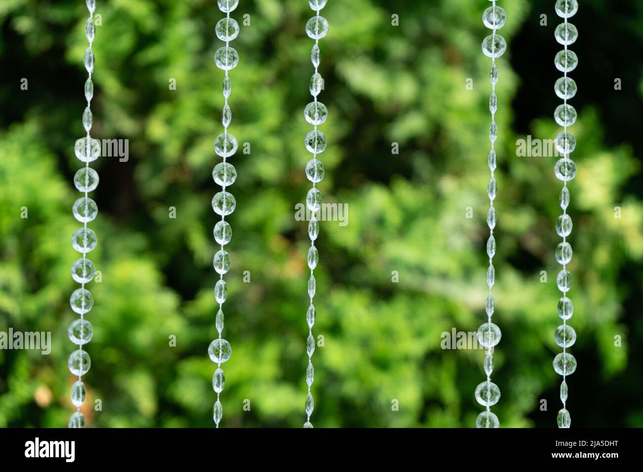Decorazione con perline trasparenti su sfondo di verde sfocato Foto Stock