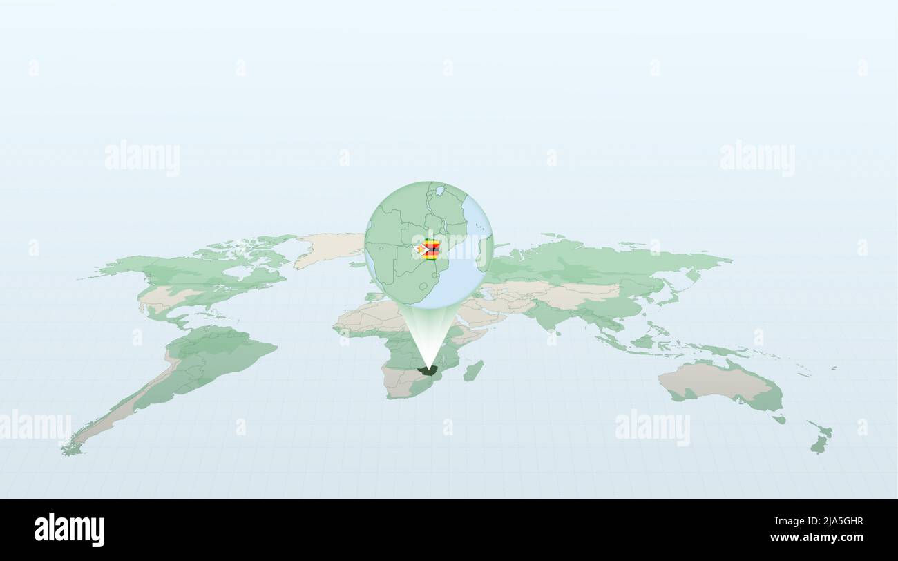 Mappa del mondo in prospettiva che mostra la posizione del paese Zimbabwe con mappa dettagliata con bandiera dello Zimbabwe. Illustrazione vettoriale. Illustrazione Vettoriale