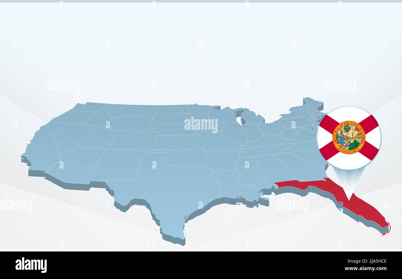 Mappa dello stato della Florida sulla mappa degli Stati Uniti d'America in prospettiva. Presentazione vettoriale. Illustrazione Vettoriale