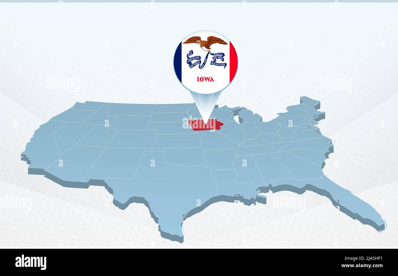 Mappa dello stato dell'Iowa sulla mappa degli Stati Uniti d'America in prospettiva. Presentazione vettoriale. Illustrazione Vettoriale