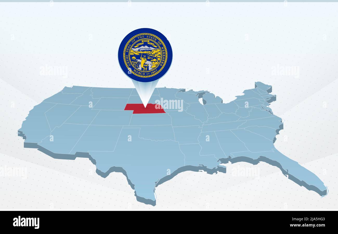 Mappa dello stato del Nebraska sulla mappa degli Stati Uniti d'America in prospettiva. Presentazione vettoriale. Illustrazione Vettoriale