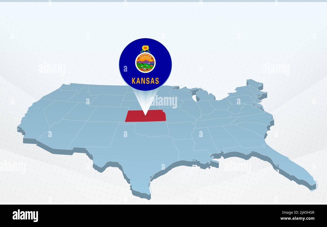 Mappa dello stato del Kansas sulla mappa degli Stati Uniti d'America in prospettiva. Presentazione vettoriale. Illustrazione Vettoriale