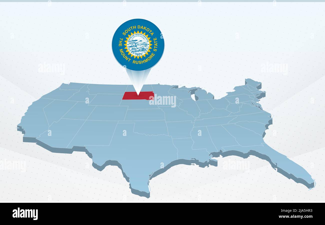 Mappa dello stato del South Dakota sulla mappa degli Stati Uniti d'America in prospettiva. Presentazione vettoriale. Illustrazione Vettoriale