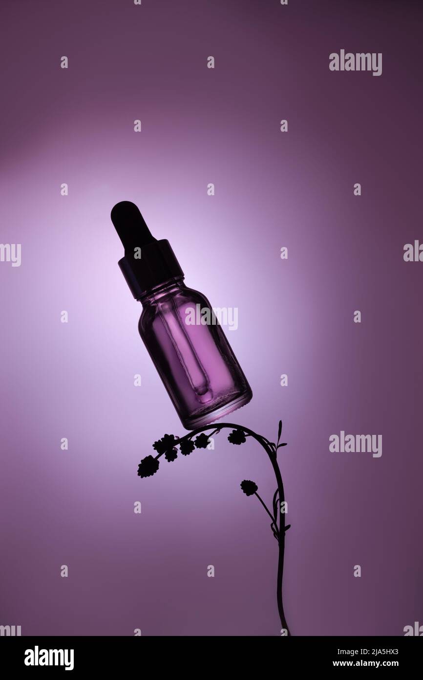 Bottiglia viola con olio o siero in colori viola alla moda Foto Stock