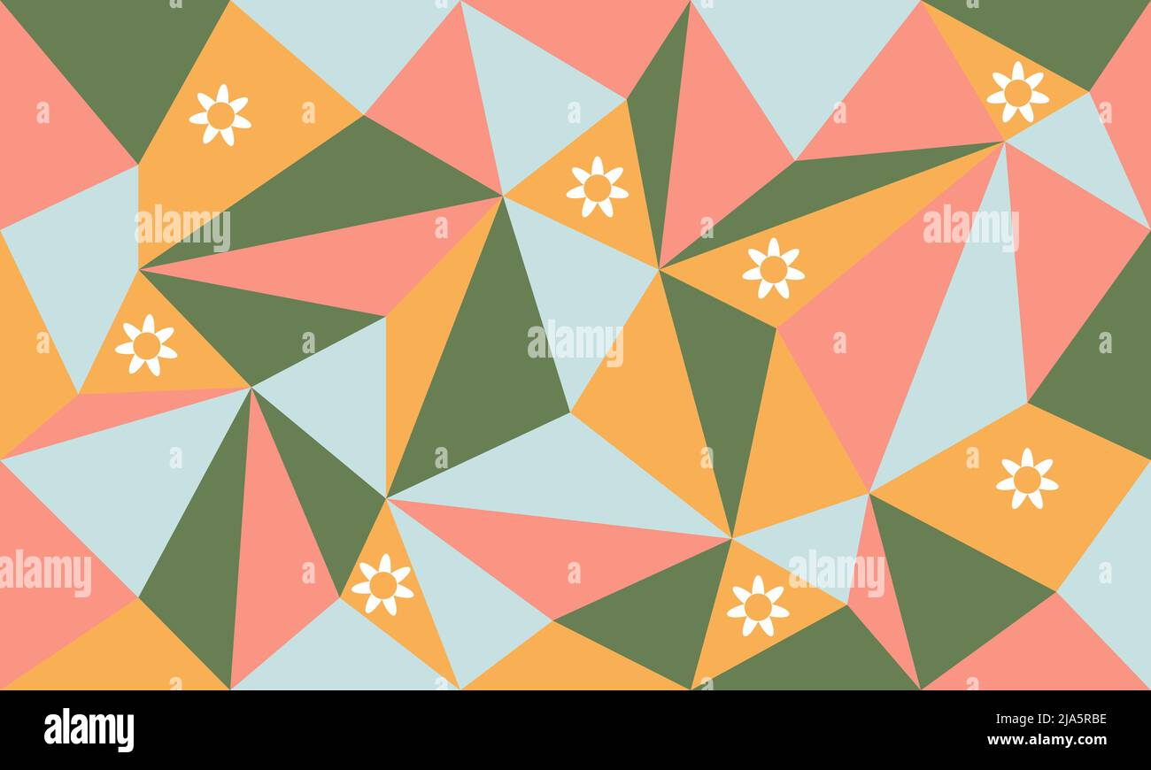 1970 buona vibrazione sfondo vettoriale geometrico. Calda carta da parati retrò astratta, 70s triangoli e carino fiore a margherita banner Illustrazione Vettoriale
