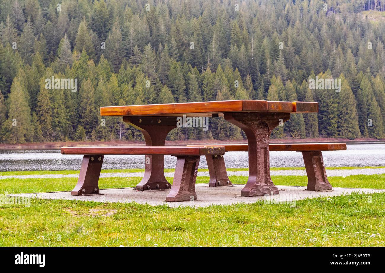 Posto in legno in un parco. Picnic nel parco. Riposarsi nell'area aperta. Tavolo da picnic in legno e posti a sedere. Street view, foto di viaggio, nessuno, fuoco selettivo Foto Stock