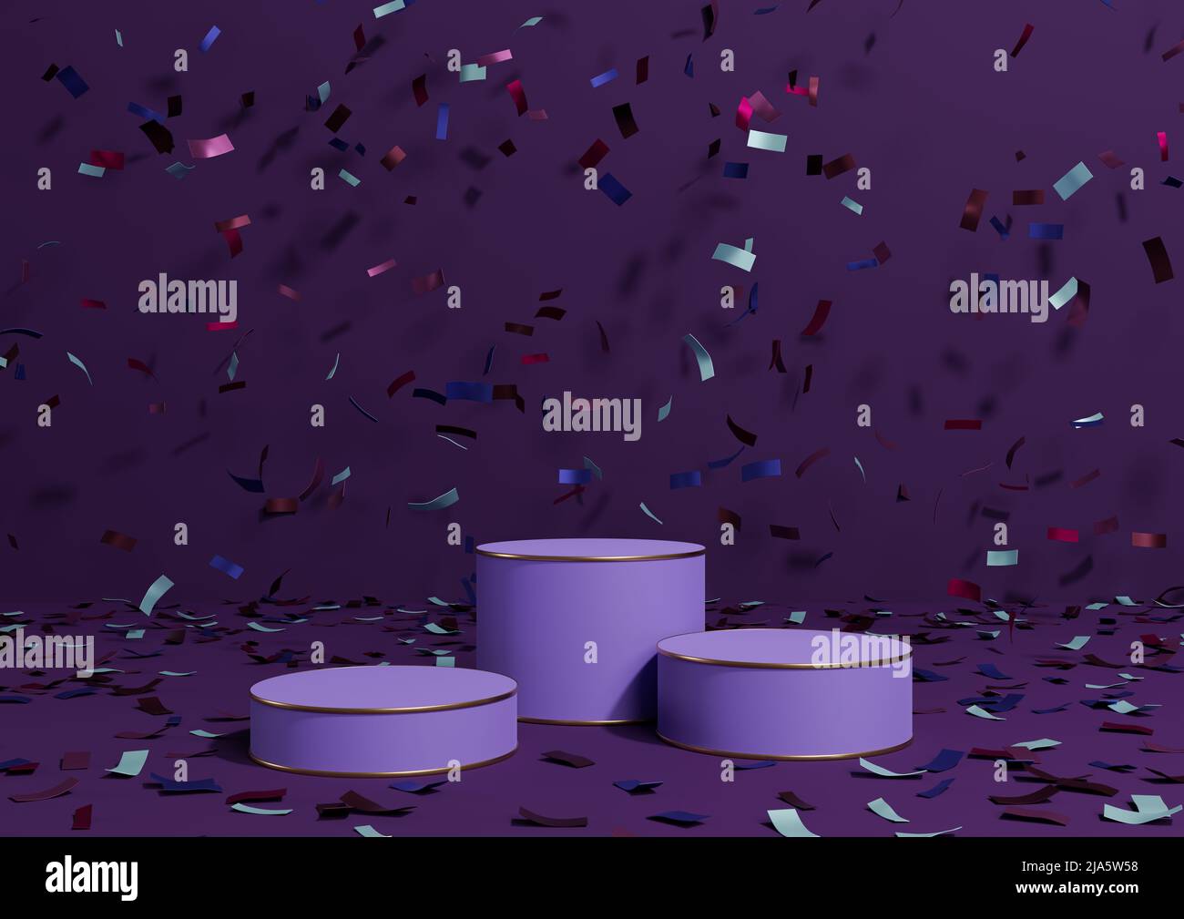 Viola scuro, viola 3D rendering prodotto esposizione tre podi stand con  confetti colorati celebrazione anniversario pubblicità e linee d'oro per  Foto stock - Alamy