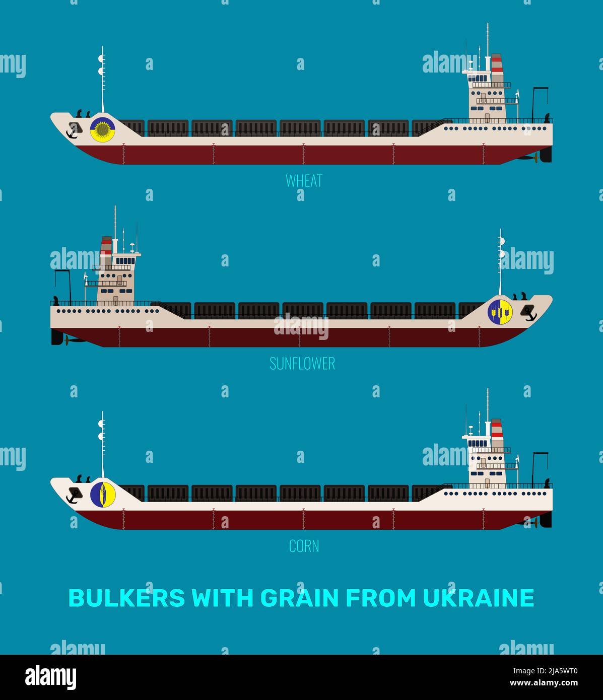Set di illustrazioni di portarinfuse ucraine con cereali, mais, girasole, grano su sfondo blu. Le navi portarinfuse recano una bandiera giallo-blu. Illustrazione Vettoriale