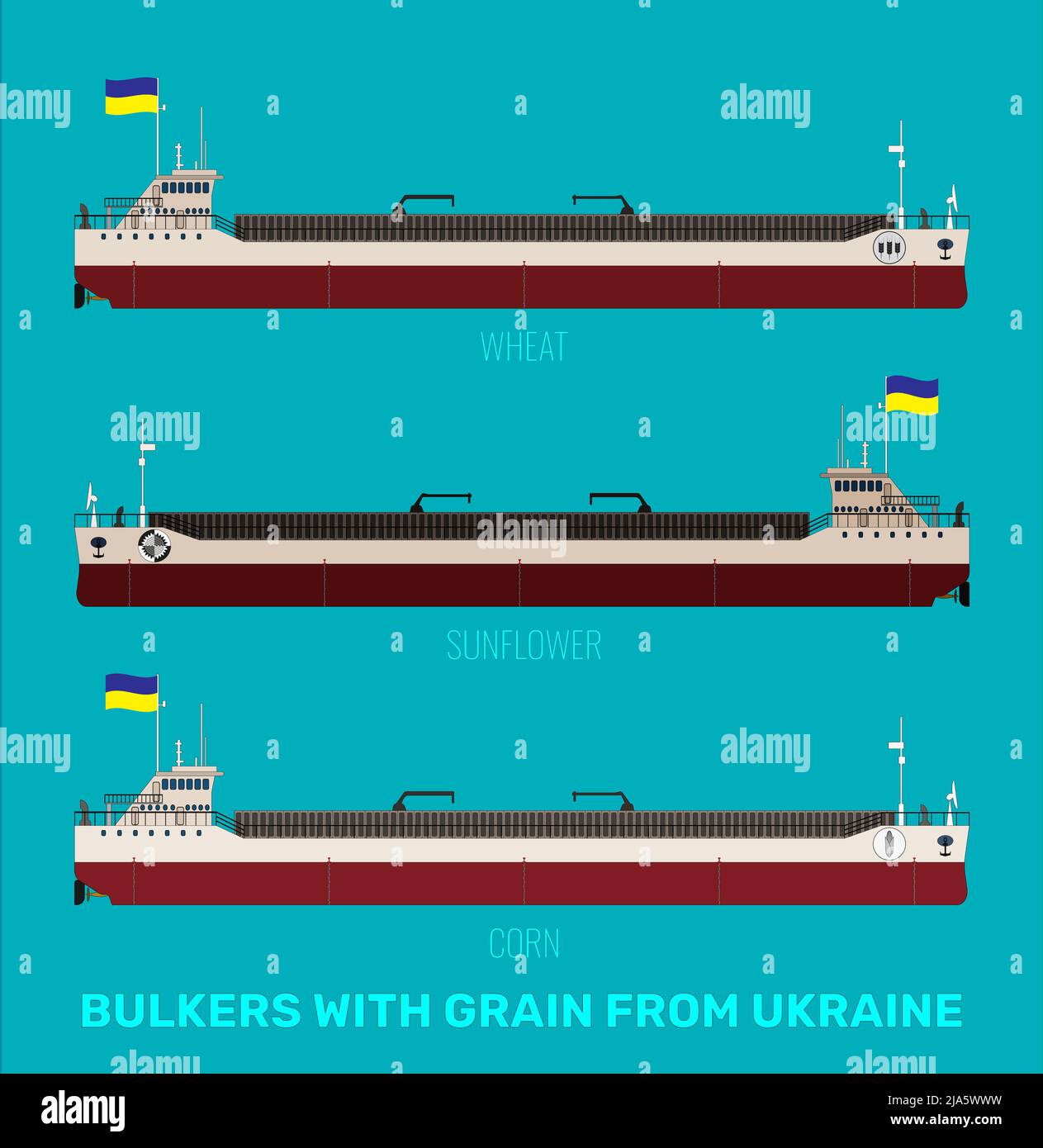 Set di illustrazioni di portarinfuse ucraine con cereali, mais, girasole, grano su sfondo blu. Le navi portarinfuse recano una bandiera giallo-blu. Illustrazione Vettoriale