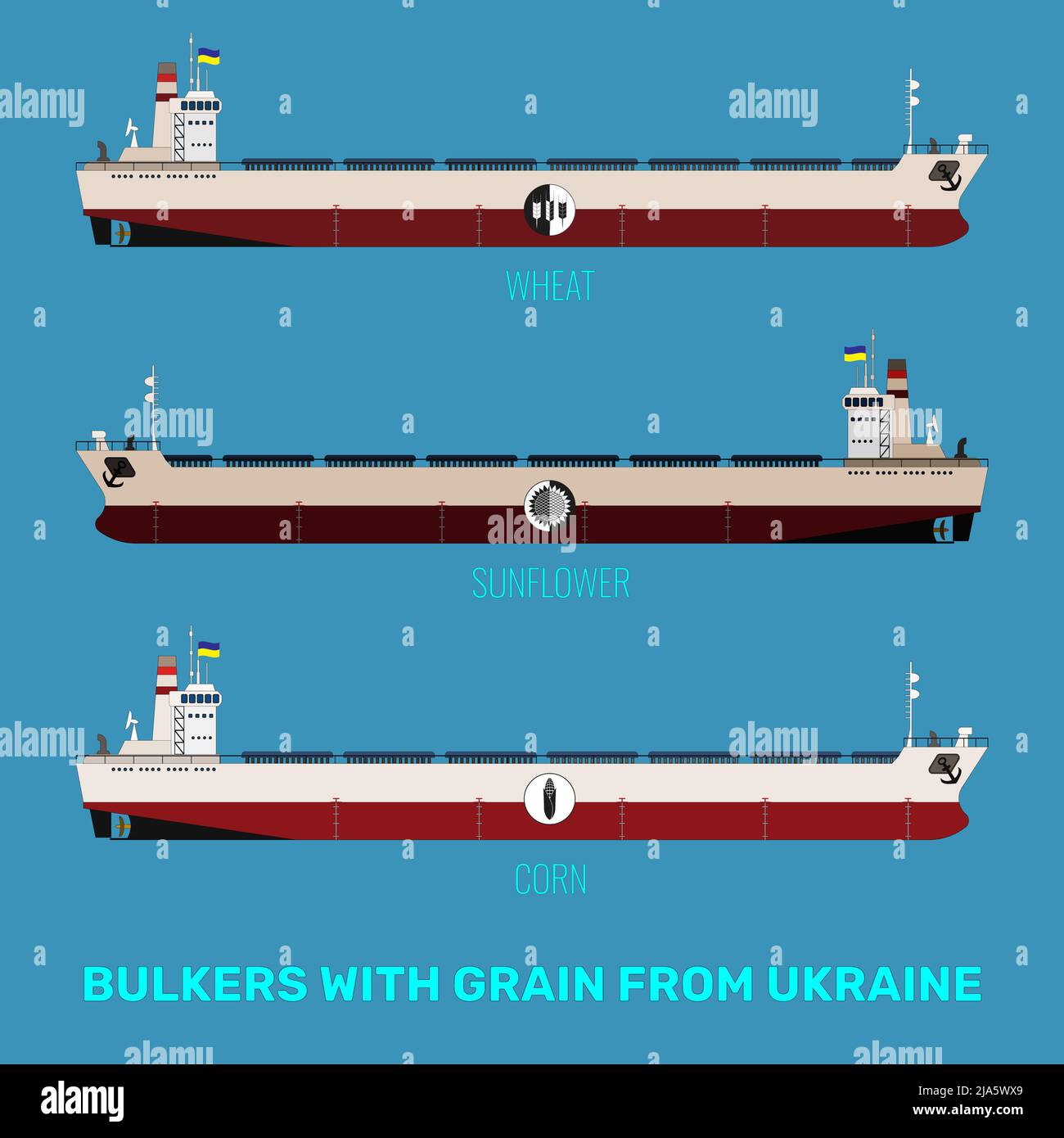 Set di illustrazioni di portarinfuse ucraine con cereali, mais, girasole, grano su sfondo blu. Le navi portarinfuse recano una bandiera giallo-blu. Illustrazione Vettoriale