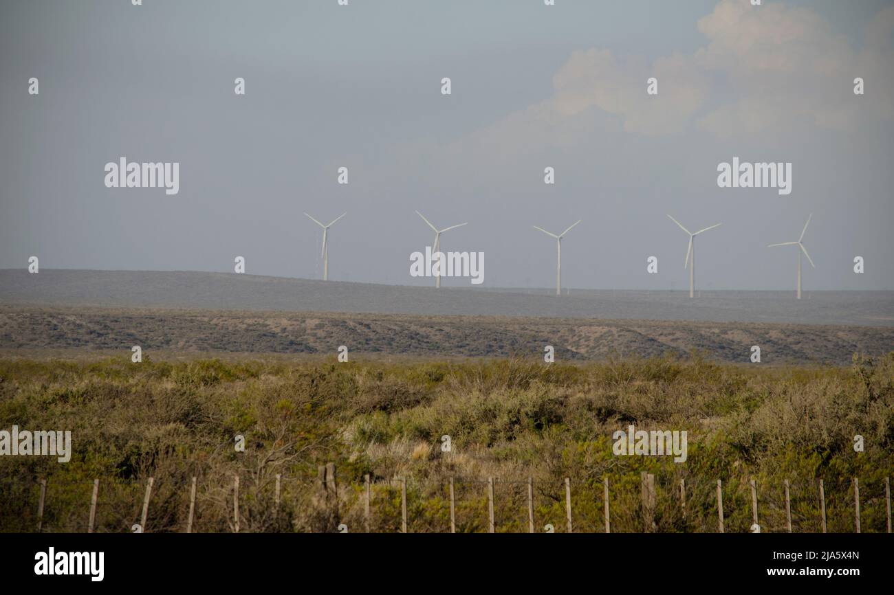 mulini a vento nelle campagne per generare energia eolica pulita e rinnovabile, nuove energie sostenibili ed ecologiche Foto Stock