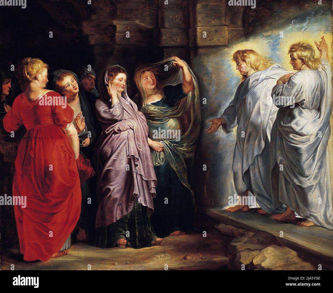Le tre Marie alla Tomba di Gesù di Pietro Paolo Rubens, con Maria Maddalena in rosso Foto Stock
