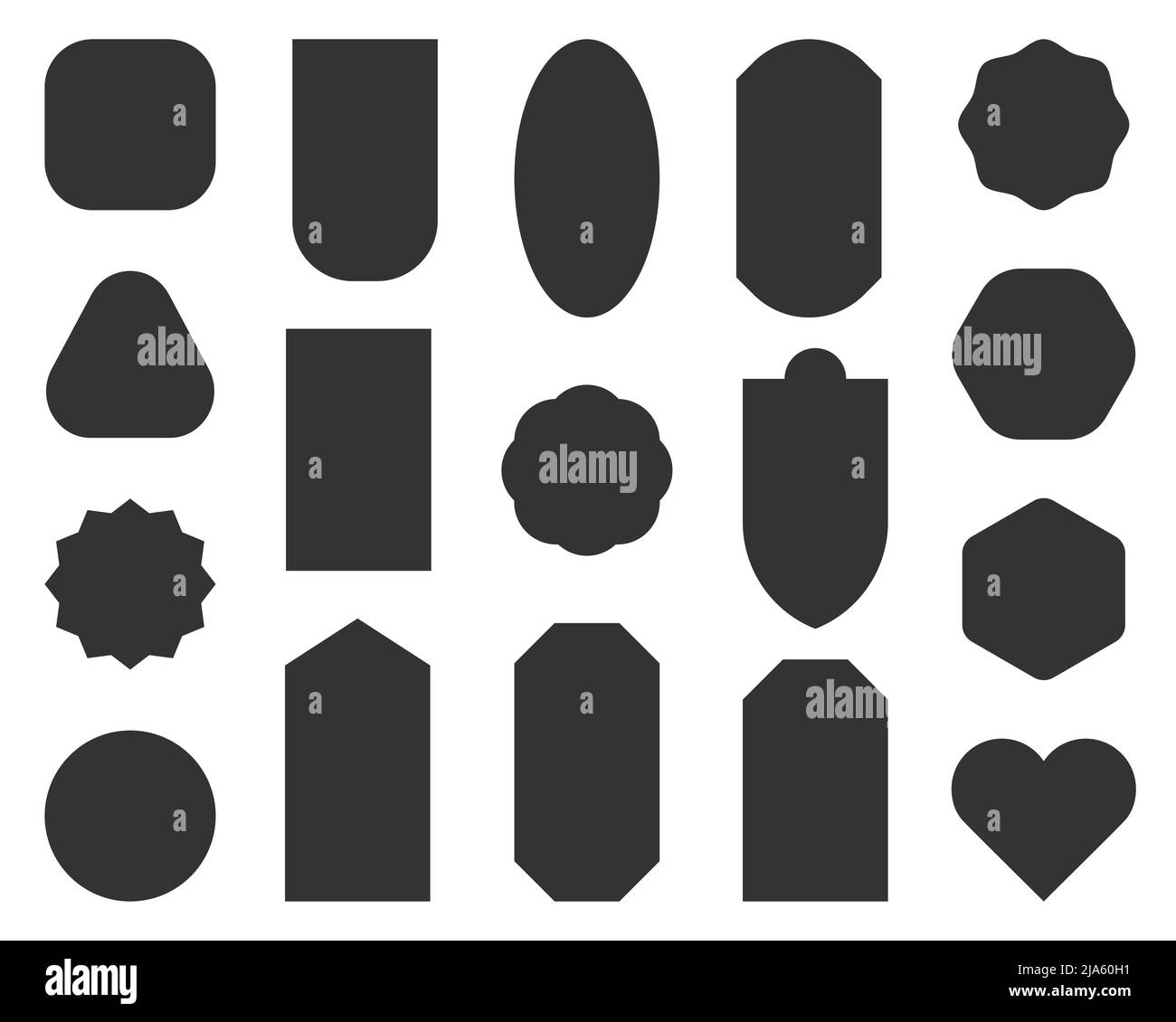 Etichetta etichetta vuota timbro modello vendita silhouette nero set. Semplice badge compilare le informazioni adesivo tabella testo tabella. Bookmark libro carta regalo scatola lettera layout piccolo grande nota isolato su bianco Illustrazione Vettoriale