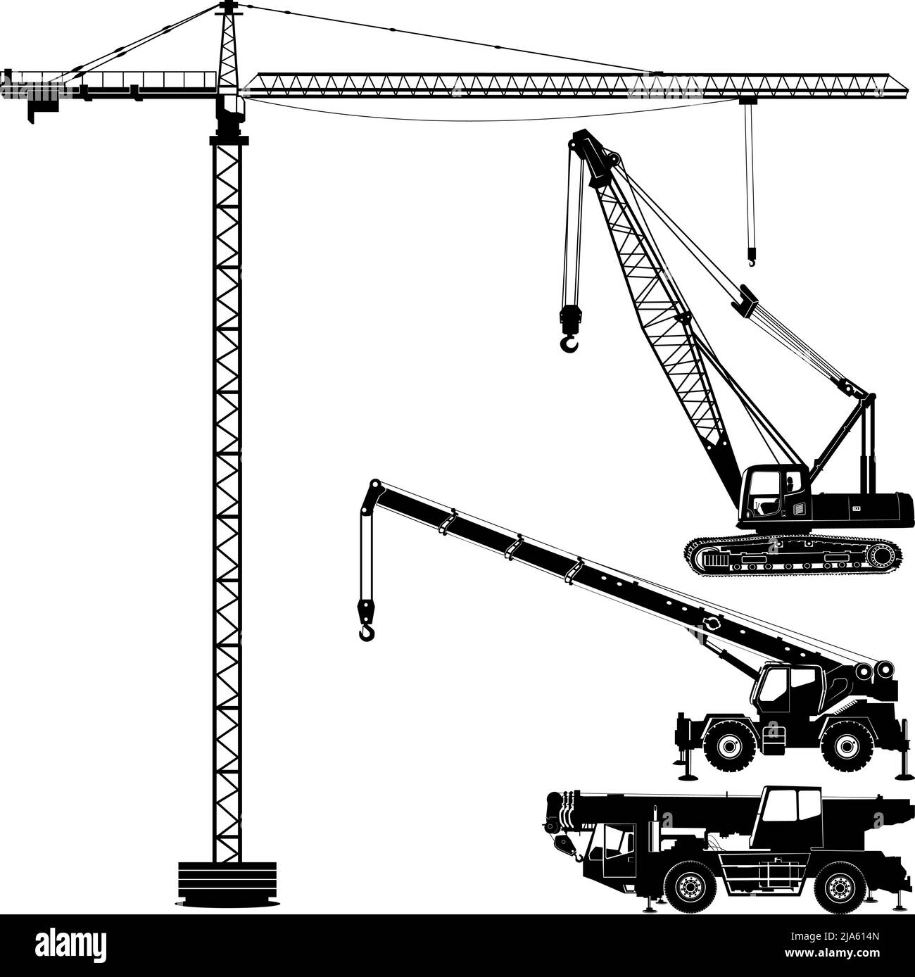 Vari tipi di gru da costruzione con silhouette Illustrazione Vettoriale