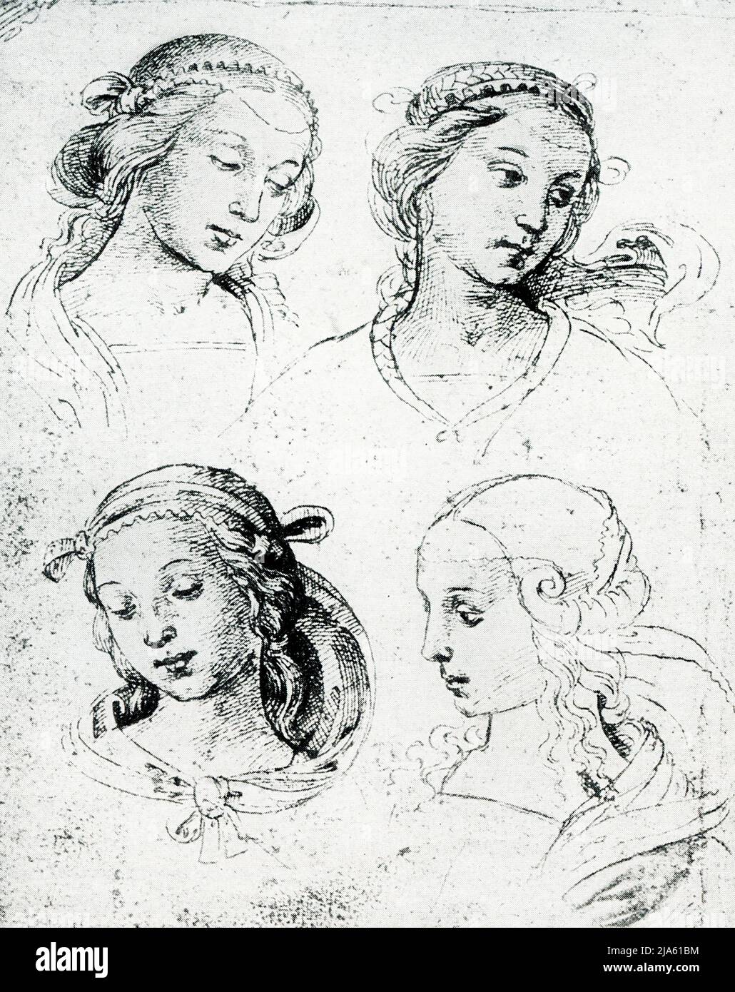 Questi disegni di Raffaello (1483-1520) sono stati fatti in seppia con una penna. Le linee dei capelli e dei drappeggi fluiscono e sono libere, le ombre scure suggerite da un tocco più pesante o linee trasversali. Gli occhi sono grandi, accuratamente posizionati e disegnati con cura. Le due teste superiori probabilmente fatte con matita marrone del pastello. La parte inferiore destra è un disegno a penna pieno di carattere singolo robusto. Raffaello Sanzio da Urbino fu pittore e architetto italiano dell'Alto Rinascimento. Il suo lavoro è ammirato per la sua chiarezza di forma, la facilità di composizione, e la realizzazione visiva dell'ideale neoplatonico della grandezza umana. Foto Stock