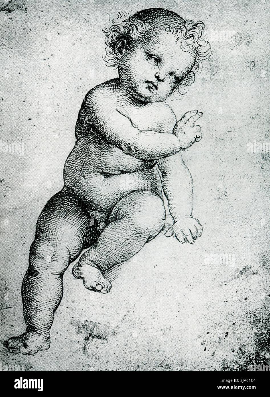 Questo disegno di Raffaello (1483-1520) è all'Accademia di Belle Arti di Venezia. Mostra il Cristo-Bambino, con la mano innalzata come nella benedizione. Raffaello è particolarmente noto per il suo disegno di bambini. Raffaello Sanzio da Urbino fu pittore e architetto italiano dell'Alto Rinascimento. Il suo lavoro è ammirato per la sua chiarezza di forma, la facilità di composizione, e la realizzazione visiva dell'ideale neoplatonico della grandezza umana. Foto Stock