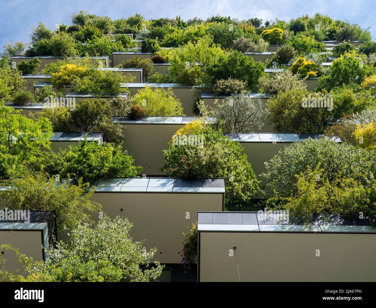 Milano, Italia. Bosco verticale, una vista ravvicinata sui moderni grattacieli ecologici con molti alberi su ogni balcone. Architettura moderna Foto Stock