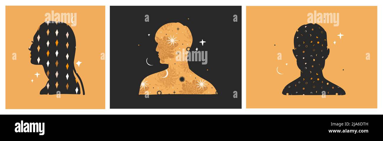 Disegno a mano vettore astratto stock grafico illustrazione senza giunture pattern collection set con magic astrologia celeste luna d'oro, persone silhouette Illustrazione Vettoriale