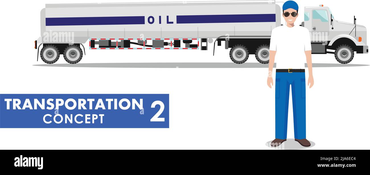 Illustrazione dettagliata del veicolo a benzina e del conducente su sfondo bianco in stile piatto. Illustrazione Vettoriale