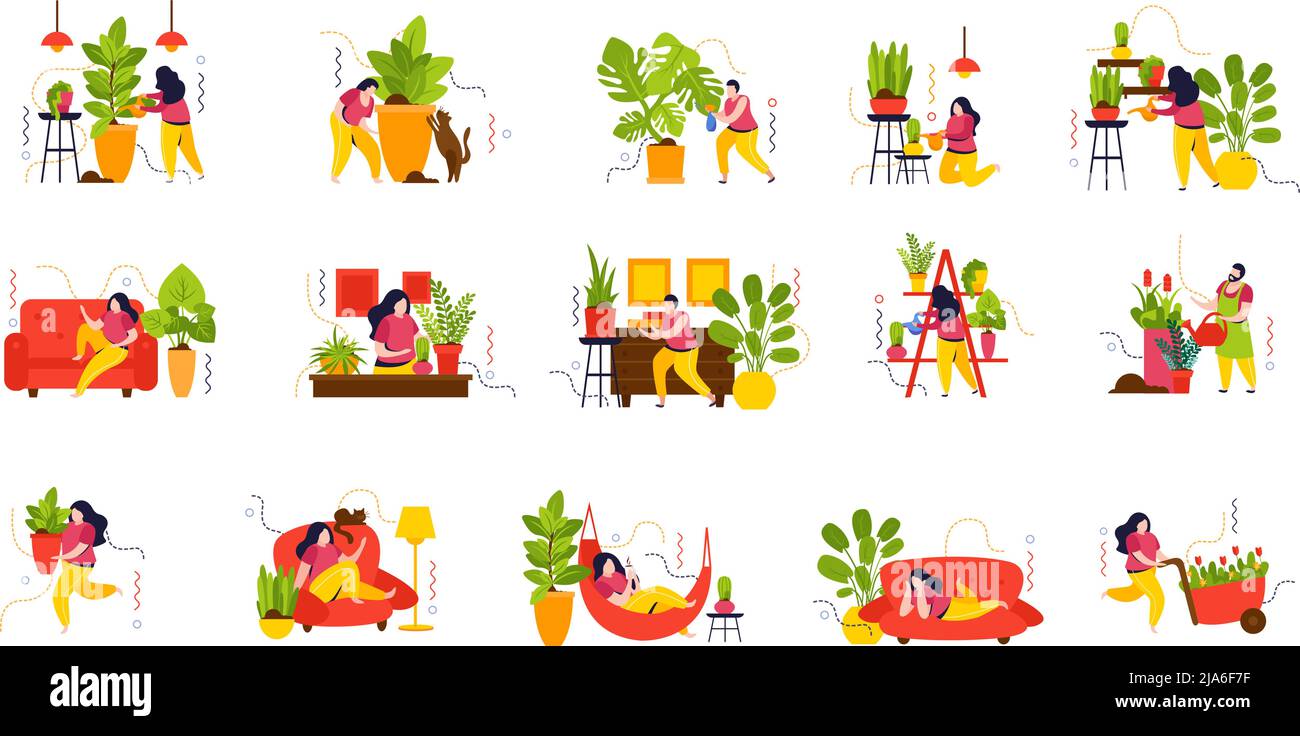 Home giardino piatto colore set di caratteri femminili impegnati nella piantagione e cura di piante domestiche isolato vettore illustrazione Illustrazione Vettoriale