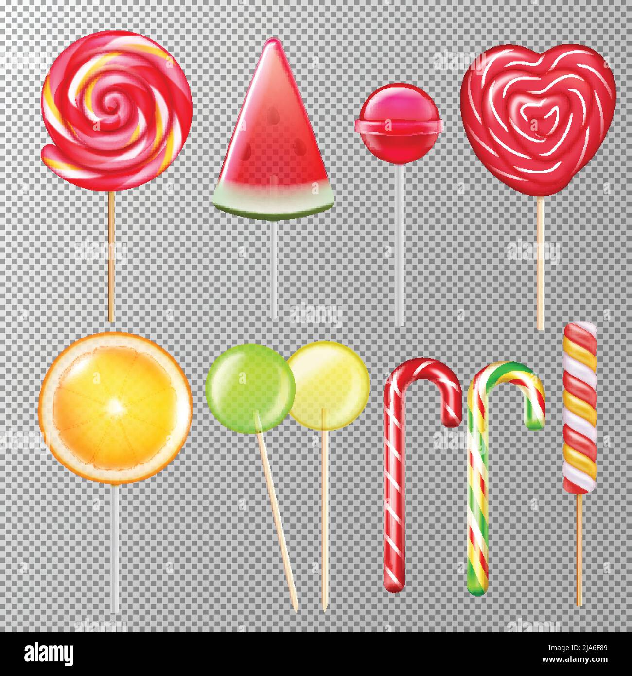 Caramelle lollypops vari gusti forme sapori realistico set con rigato swirl cuore canna sfera trasparente vettore illustrazione Illustrazione Vettoriale