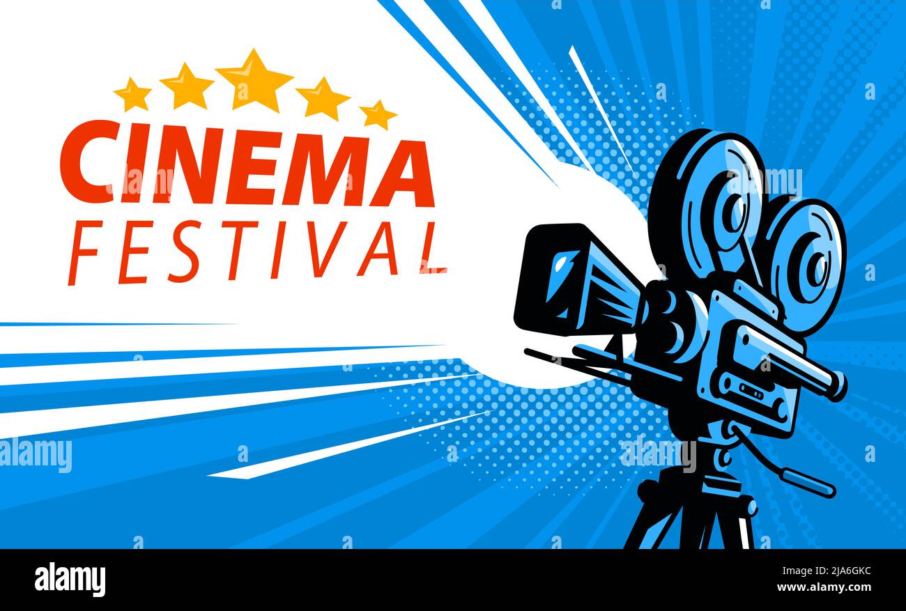 Modello poster del festival del cinema. Telecamera retro con film in bobina di sfondo. Illustrazione vettoriale Illustrazione Vettoriale