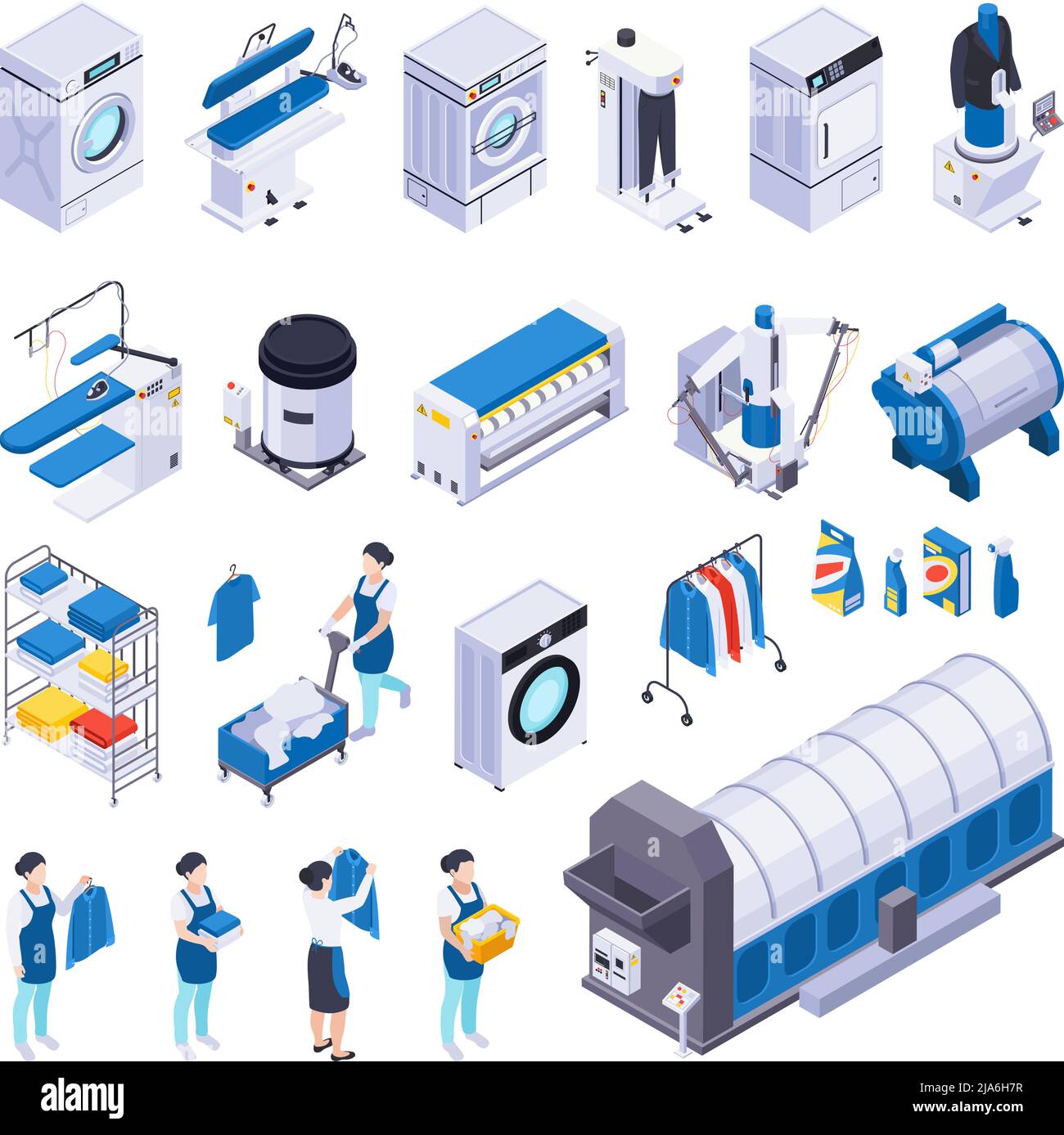 Bucato set di icone isometriche con caratteri umani isolati lavatrici detergenti e pannelli di gonna illustrazione vettoriale Illustrazione Vettoriale