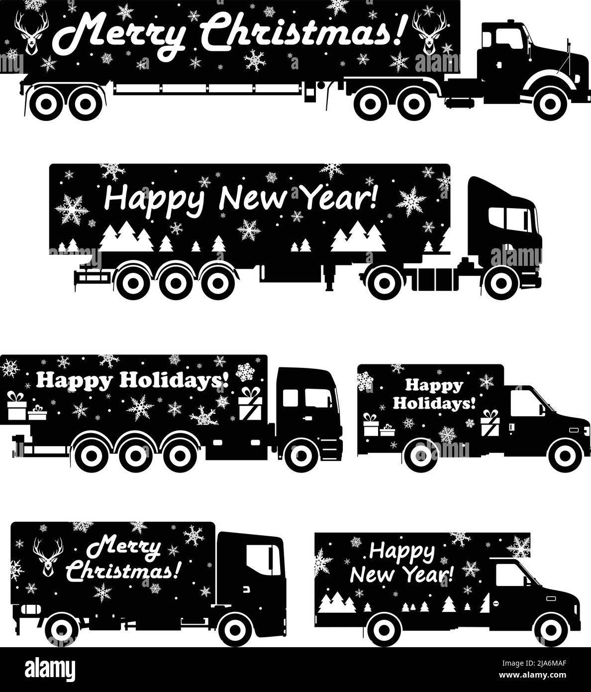 Illustrazione dettagliata del camion di consegna di Natale e il deliveryman tenere la scatola su sfondo bianco in stile piatto. Illustrazione vettoriale. Illustrazione Vettoriale