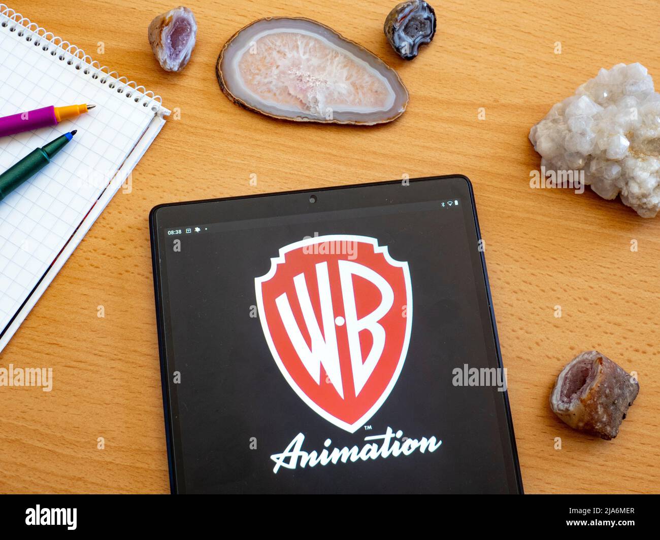 In questa foto è mostrato il logo Warner Brothers Animation visualizzato su un tablet Foto Stock