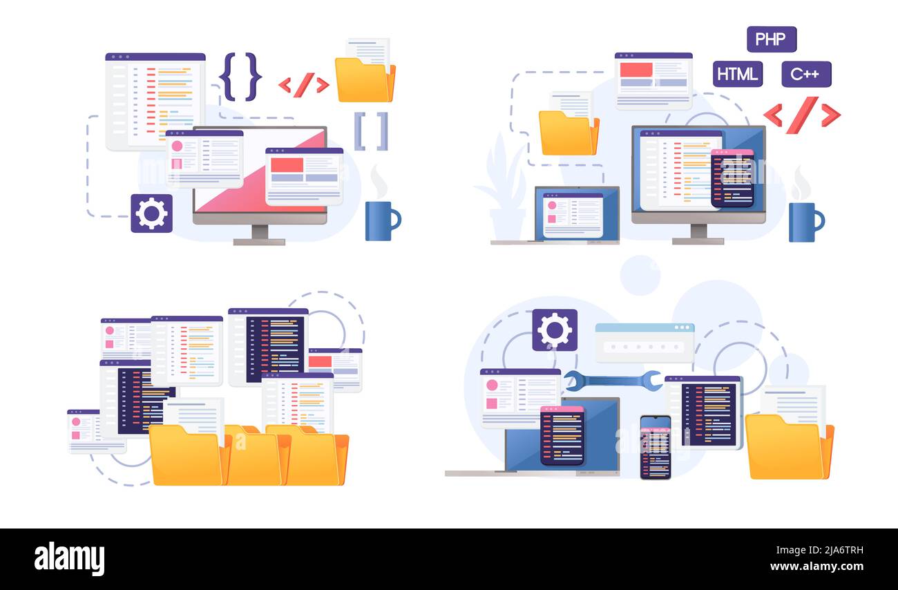 Raccolta di concetti per lo sviluppo utilizzando linguaggi di programmazione con illustrazione vettoriale di dati di condivisione online su sfondo bianco Illustrazione Vettoriale