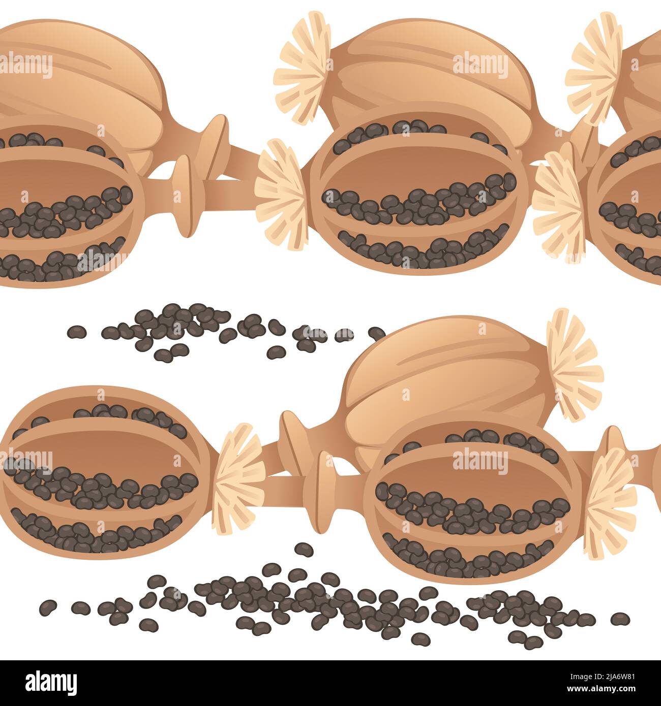 Modello senza giunture di condimento di semi di papavero con illustrazione vettoriale di confezione di carta macinata e con testa Illustrazione Vettoriale