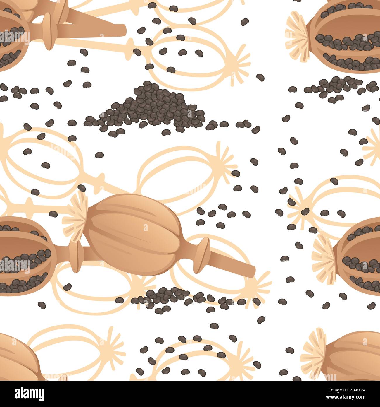 Modello senza giunture di condimento di semi di papavero con illustrazione vettoriale di confezione di carta macinata e con testa Illustrazione Vettoriale
