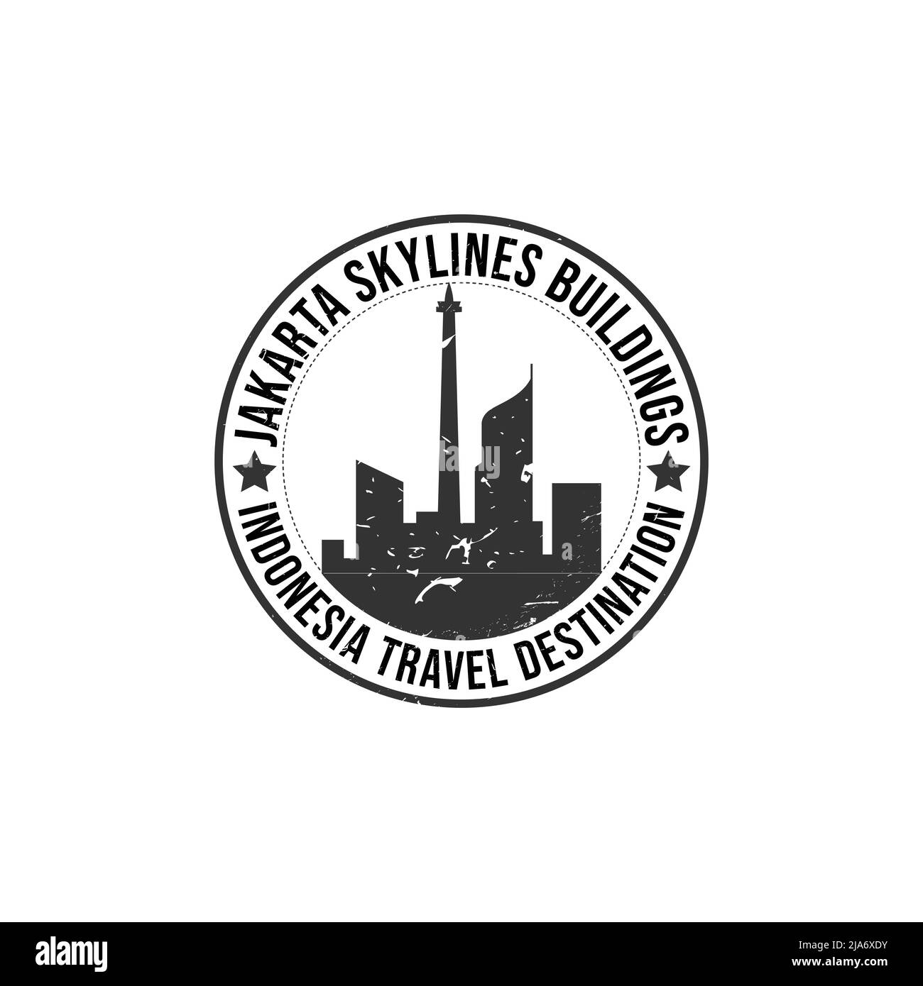 Grunge timbro di gomma con il testo Jakarta Travel destination scritto all'interno del timbro. È il momento di viaggiare. Skyline di Giacarta e monumento nazionale o monas Illustrazione Vettoriale